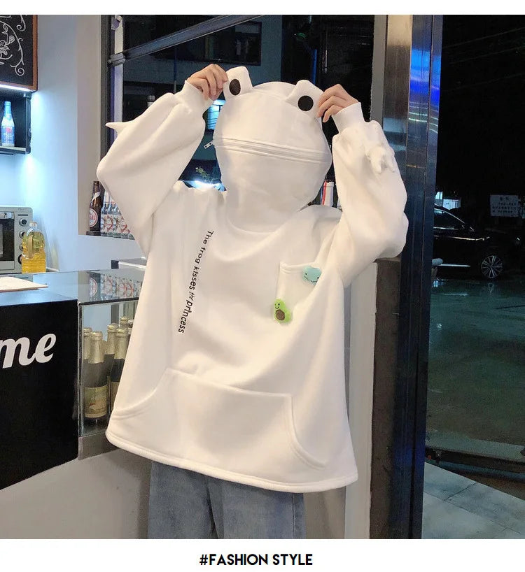 Unisex Frog Zipper Hoodie Fleece Lined Springtime Embroidery oversized Sweatshirt Harajuku Warm Pullover Korean Style Dropship