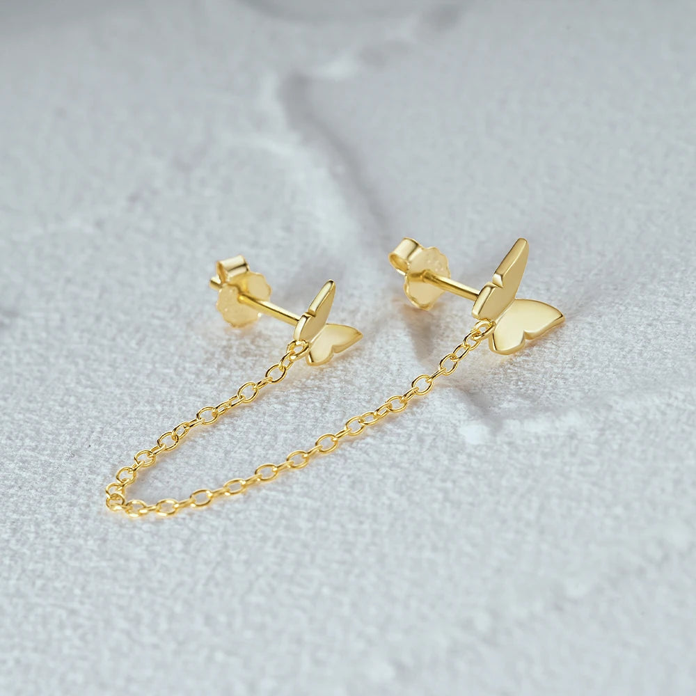 Aide 925 Sterling Silver 1pc Four Zircons Charm Chain Tassel Earrings For Women Double Studs Sparkling CZ Pave Cartilage Clips