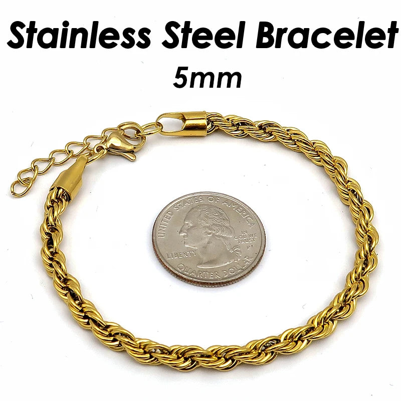10 Pieces 3mm 5mm Rope Bracelet Stainless Steel Gold Color Rope Chain Bracelet for Men or Women