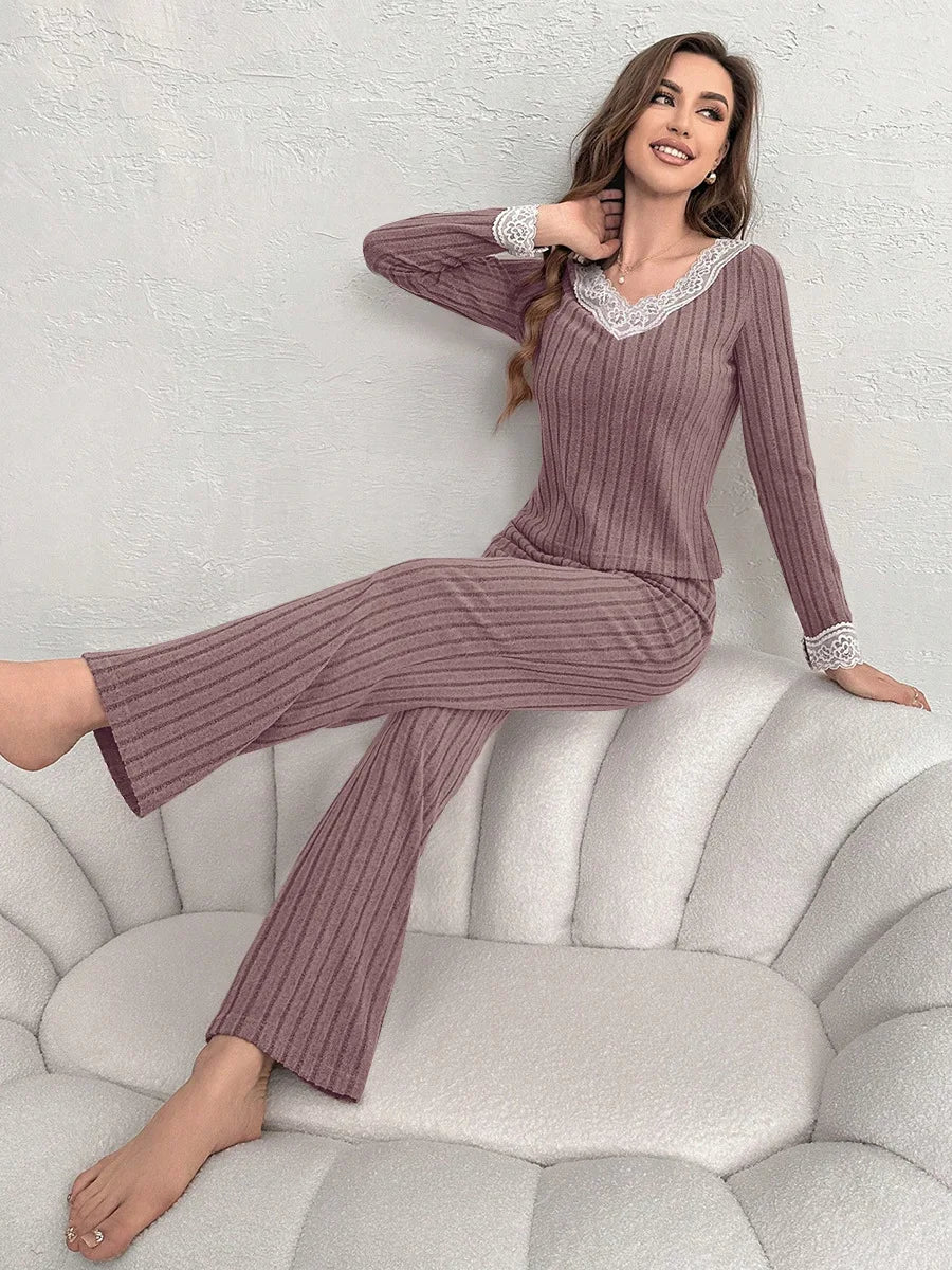 Women's Pajama Set Solid Pit Strip Sleepwear Lace V-neck Long Sleeves Tops Trousers Suit Elegant Casual Home Loungewear Nighties