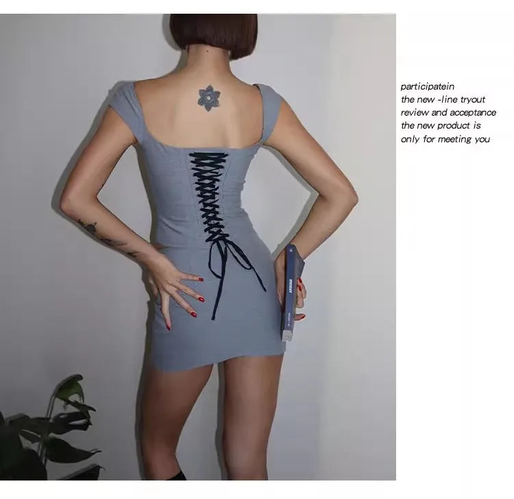 Women Square Neck Rowena Grey Lace Back Corset