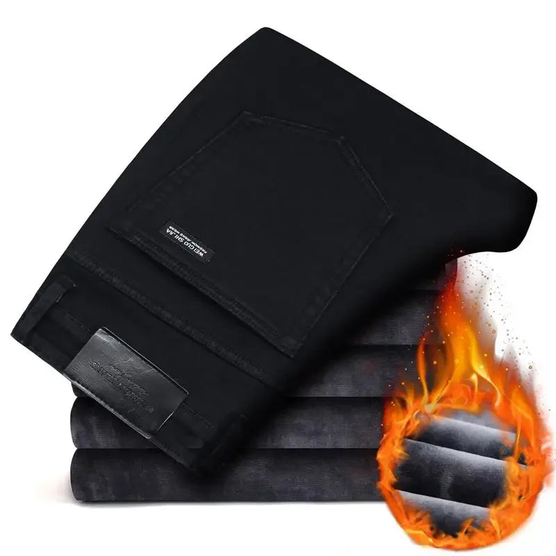 2025 Winter Warm Denim Casual  Fleece  Jeans Men Elasticity  Slim Fit Stretch Thick Velvet Pants Black Grey Blue Jeans