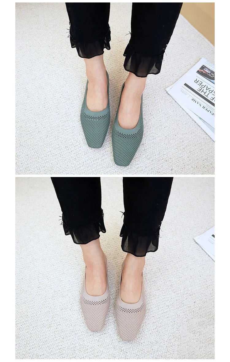 Women Solid Mesh Casual Shoes Summer Breathable Square Toe Hollow Fly Weaving Comfort Light Soft Walkers Flats Zapatos De Mujer