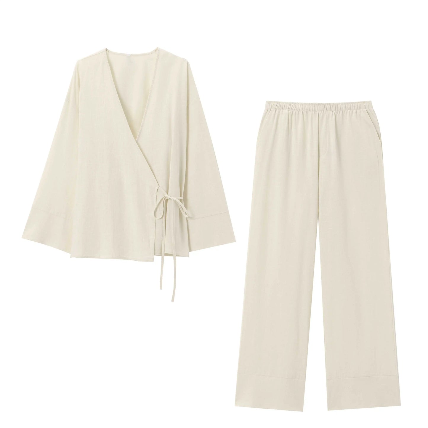 TRAFZA 2024 Women Fashion Solid Shirt Pant Set Asymmetric Laced Up Blouse Top+Elastic Waist Loose Wide Leg Pant 2 Piece Suits