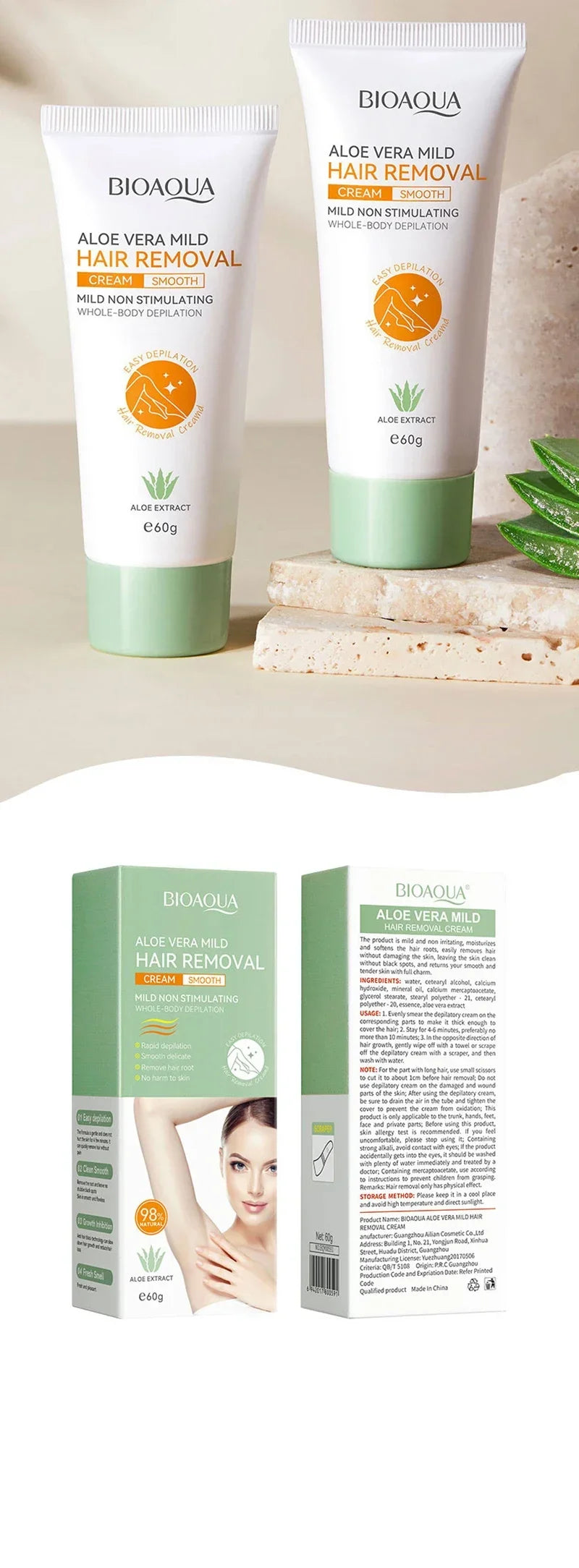 Aloe Hair Removal Cream Painless Hair Remover Semi-Permanent Intimate Areas Growth Inhibitor Depilatory Armpit  Arm Body Care