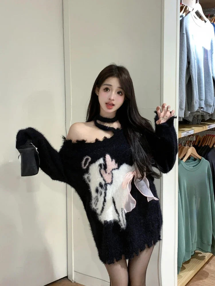 Women's Black Gothic Pullover Knitted Sweater Elegant Harajuku Y2k Long Sleeves Oversize Sweaters Jumper Vintage 2000s Clothes