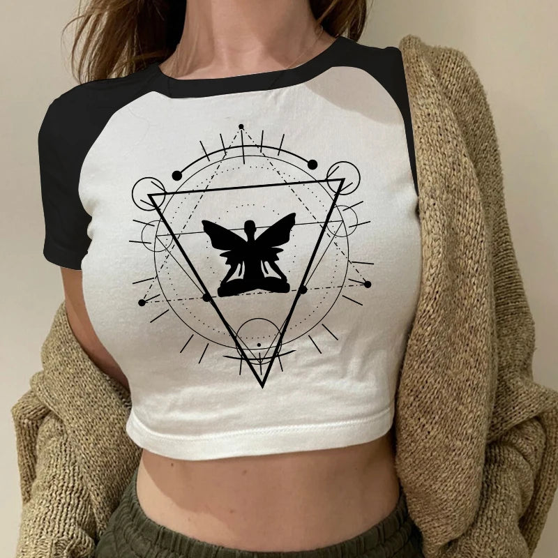 Y2k Fairy Grunge Emo Sexy Gothic Crop Top Vintage Harajuku Black Short Sleeve O-neck T Shirts Aesthetic Clothes Streetwear Tanks