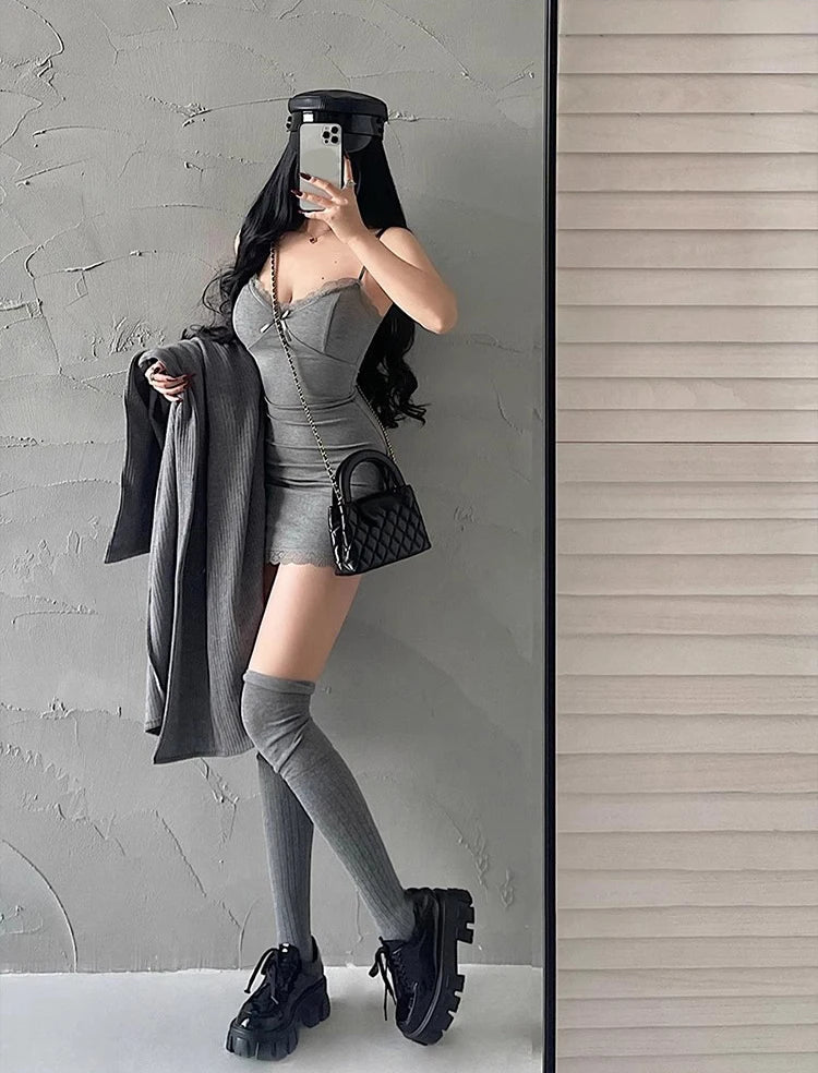 Y2K Retro Lace Patchwork Spaghetti Strap Black Bodycon Dress Mini Fashion Aesthetic Bow Club Party Sexy Dresses for Women Viralgem Store