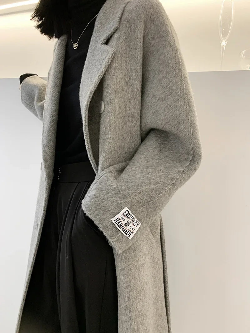 2024 Autumn Winter Wool Coat Women Double-breasted Solid Color Women's Double-sided Woolen Belt Coats Loose Warm Wool Jacket