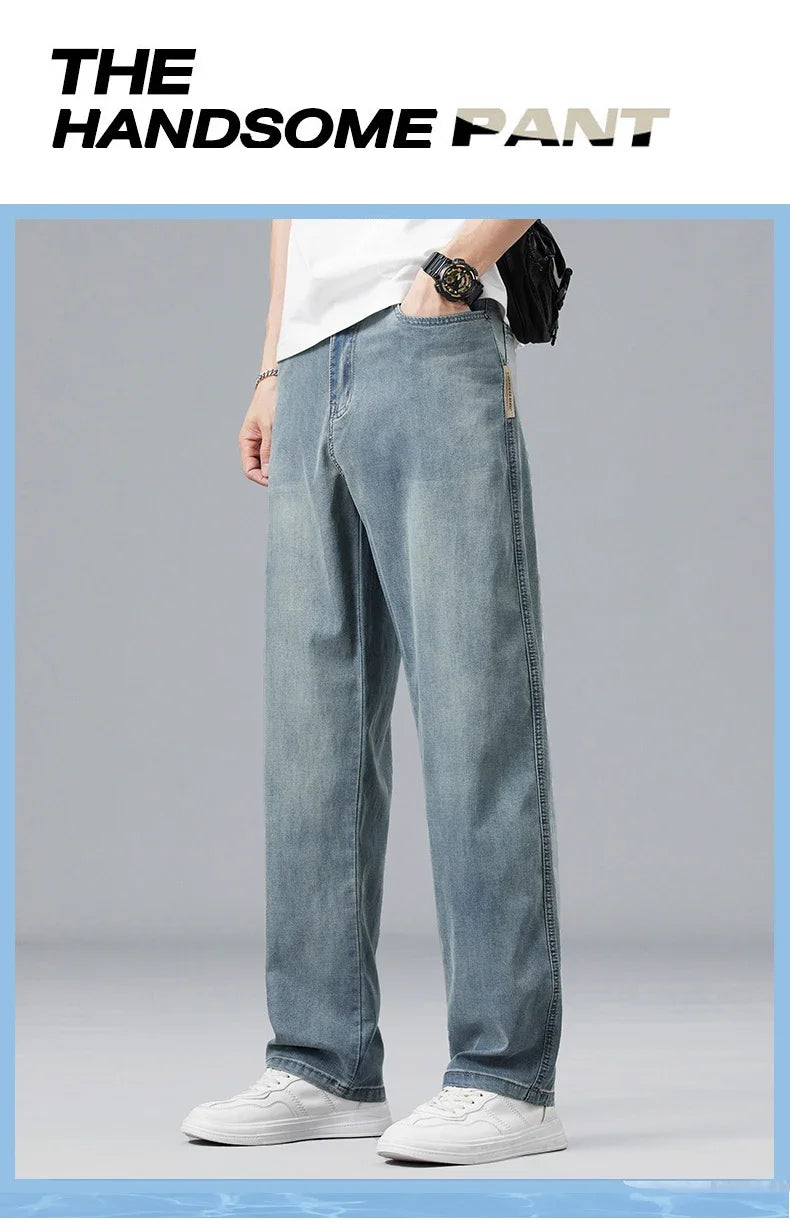 2025 New Summer Ultra-thin Lyocell Men's Jeans Drape Soft Fabric Loose Straight Casual Denim Pant Elastic Ice Silk Male Trousers