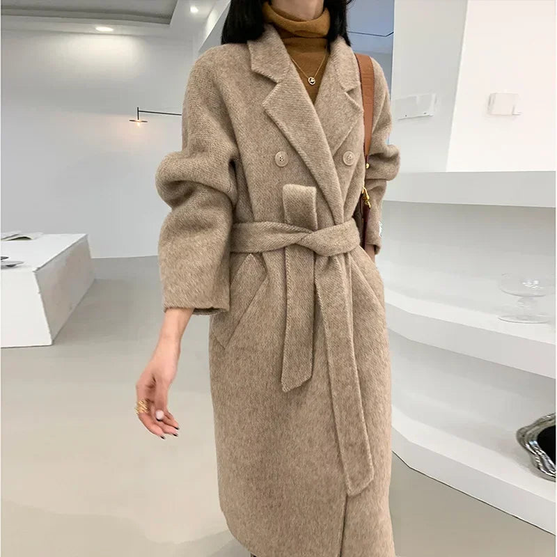 2024 Autumn Winter Wool Coat Women Double-breasted Solid Color Women's Double-sided Woolen Belt Coats Loose Warm Wool Jacket