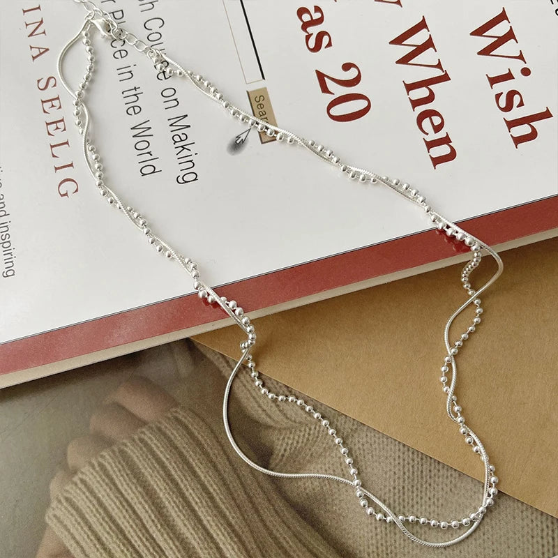 925 Sterling Silver Double Layer Snake Bone Chain Necklace for Women's Sweet Temperament Round Bear Neckchain Fashion Jewelry