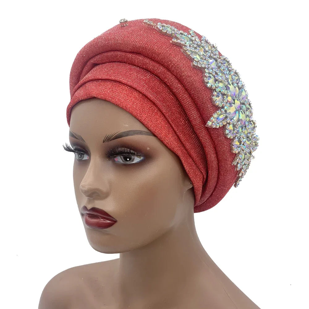 African Wrap Head Headgear Nigeria Auto Gele Headtie Turbante Mujer Luxury Rhinestone Turban Hat for Women Glitter