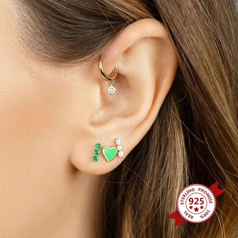 925 Sterling Silver Ear Buckle Green Series Crystal Cube Zircon Pendientes Hoop Earring Fashion Premium Huggie Jewelry For Women