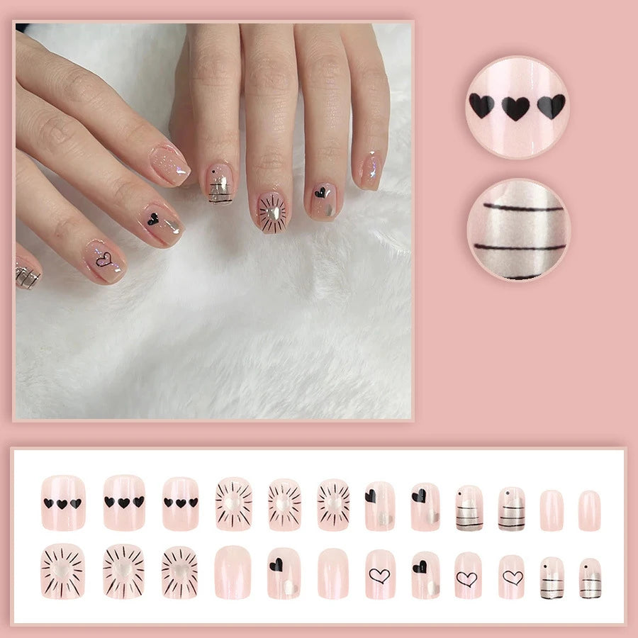 24pcs/set short Medium fake nails square ballet almond nail tips pink beautiful heart for Valentine's Day press on false nails