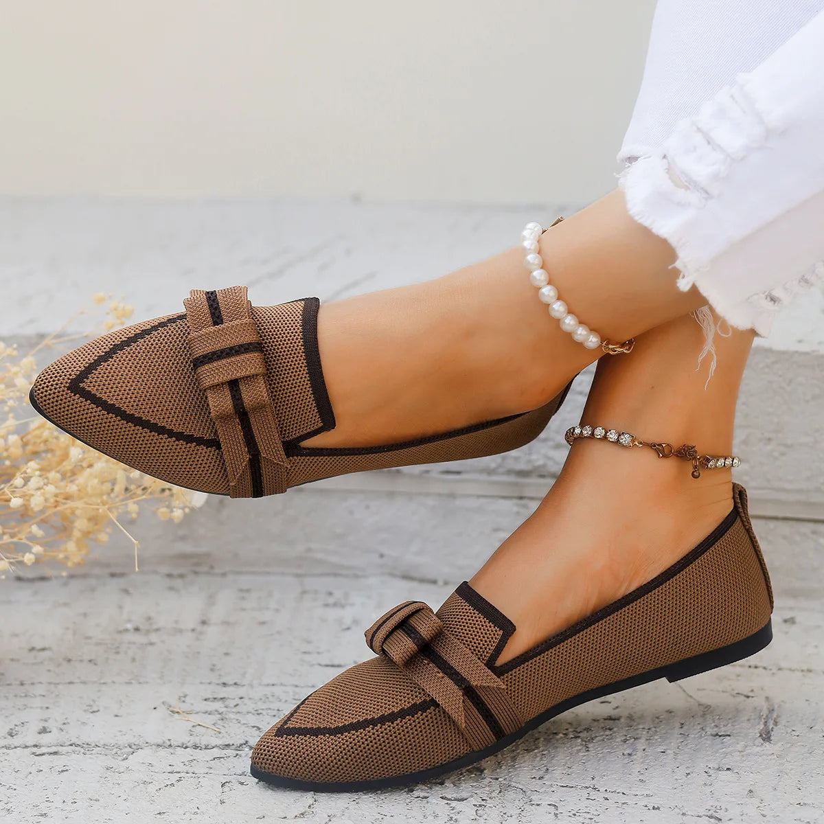 Women Flats 2024 New Knitted Slip Breathable Comfortable Solid Color Shoes Casual Pointed Toe Walking Loafers Sneakers Women Viralgem Store