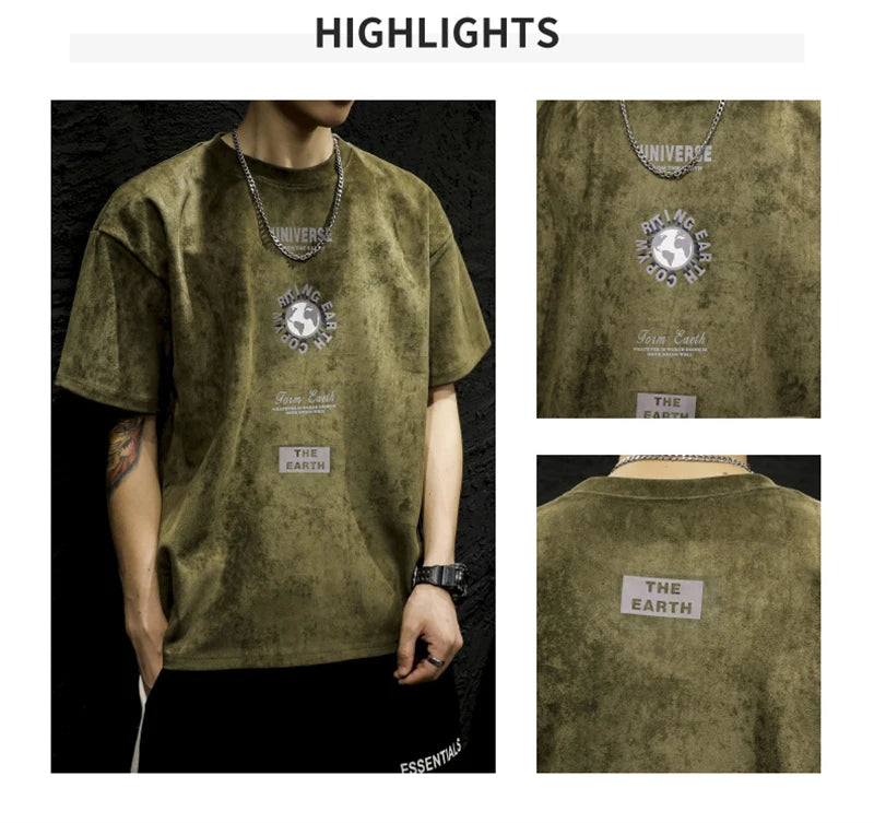 Summer Graphic Printed Suede Short Sleeve T-shirt For Men 2024 New Y2K Streetwear Oversized Tee Shirts Hip Hop O-Neck Tops