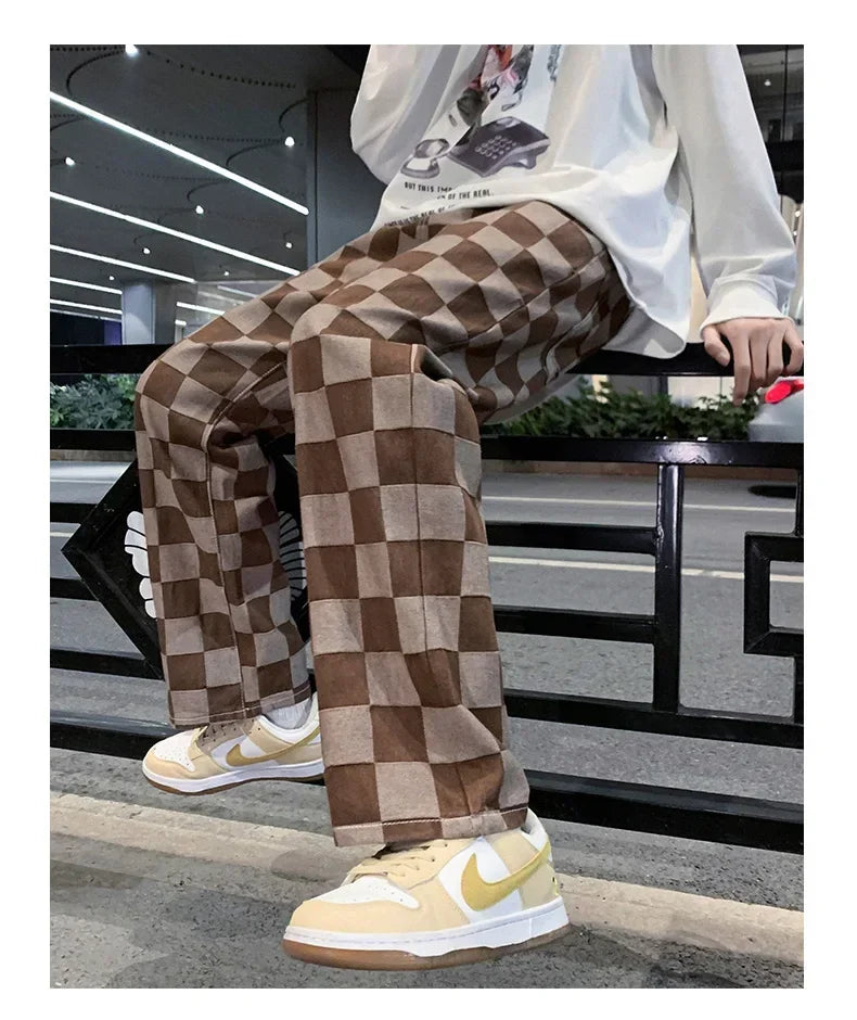2024 Spring New Men's Brown Check Print Baggy Jeans Korean Fashion Streetwear Denim Straight Pants Male Brand Trousers