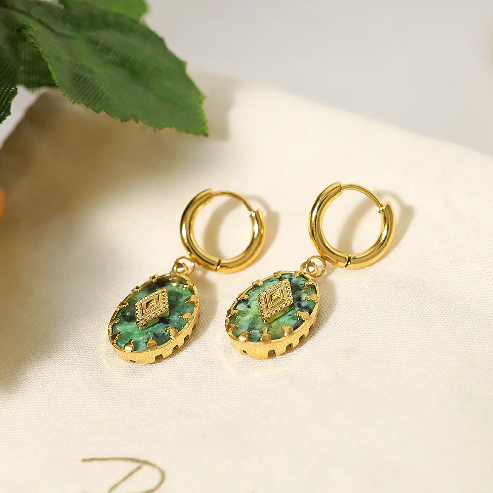 WILD & FREE 18K Gold Plated Natural Stone Stainless Steel Drop Earrings for Women Green African Turquoise Charm Vintage Jewelry