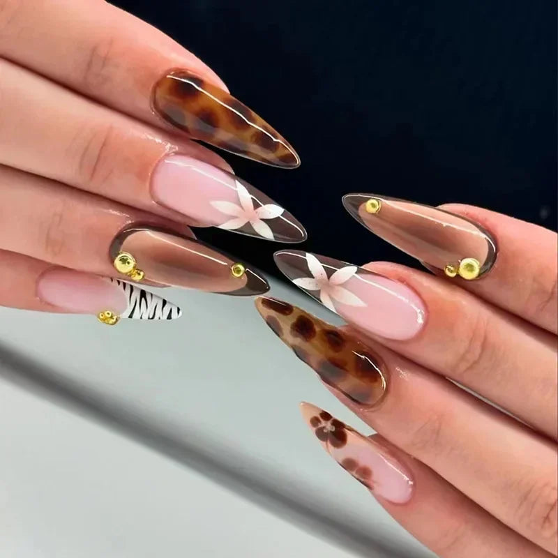 24Pcs Autumn Winter Matte Almond False Nails with Glue Rose Leaf Printing Nail Art Simple Full Cover Press on Acrylic Nails Tips Viralgem Store