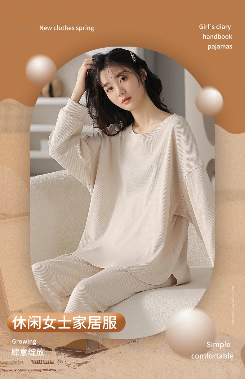 SUKAE Waffle Cotton Korean Minimalist Style Women Pajamas Spring Autumn Long Sleeves Lady Sleepwear Kawaii Round Neck Homesuits