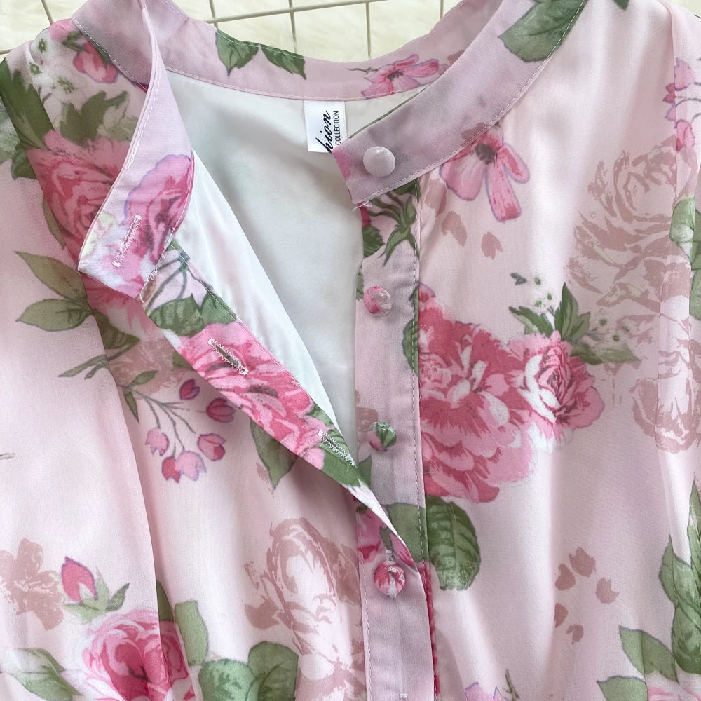 Spring Autumn Women Floral Chiffon Long Dress Vintage Purple/Pink/Black/Beige Stand Collar Single Breasted Maxi Robe Elegant New Viralgem Store