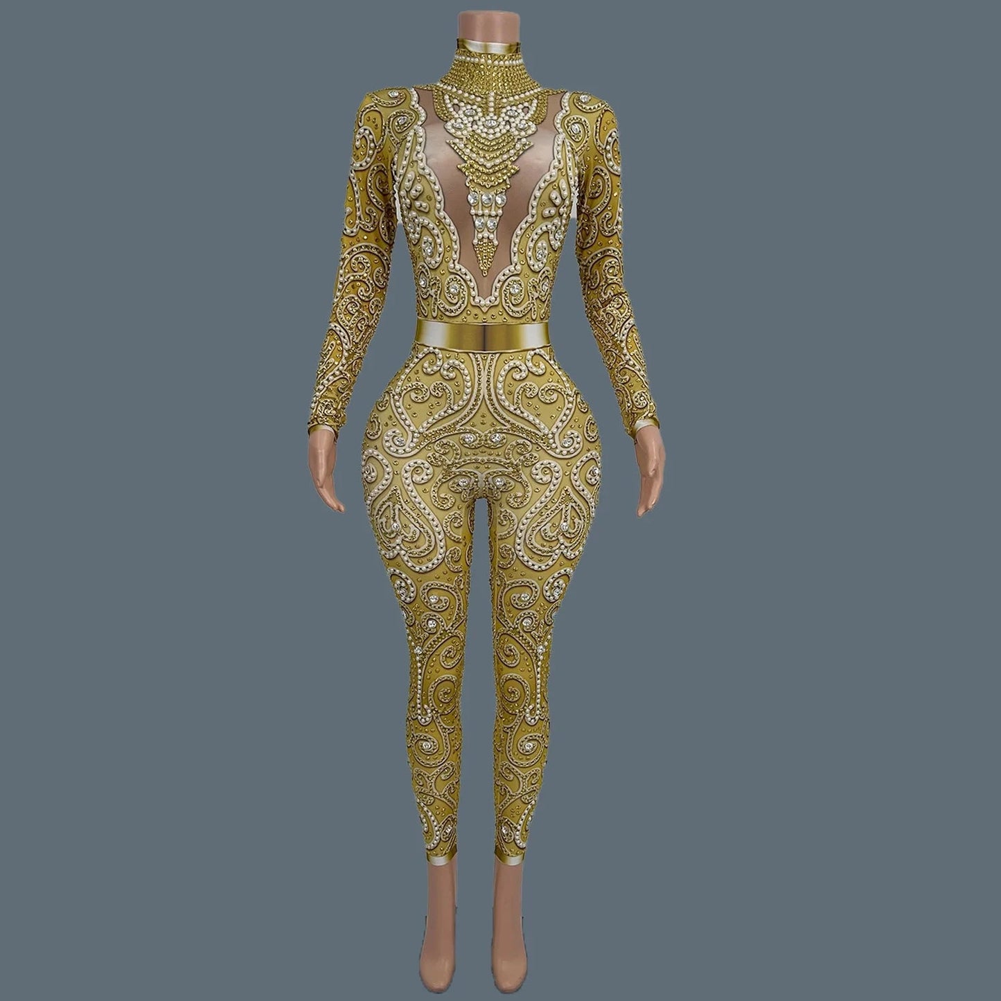 Women Sparkly Rhinestone Pearls Spandex Jumpsuit Nightclub Party Stage Performance Bodycon Wear Sexy Printing Jumpsuit Quanquan Viralgem Store