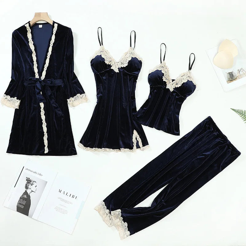 TOP Casual Velour Home Clothing 4pcs Sleep Set Intimate Lingerie Women Pajamas Suit Long Sleeve Lace Velvet Homewear Pyjamas Viralgem Store