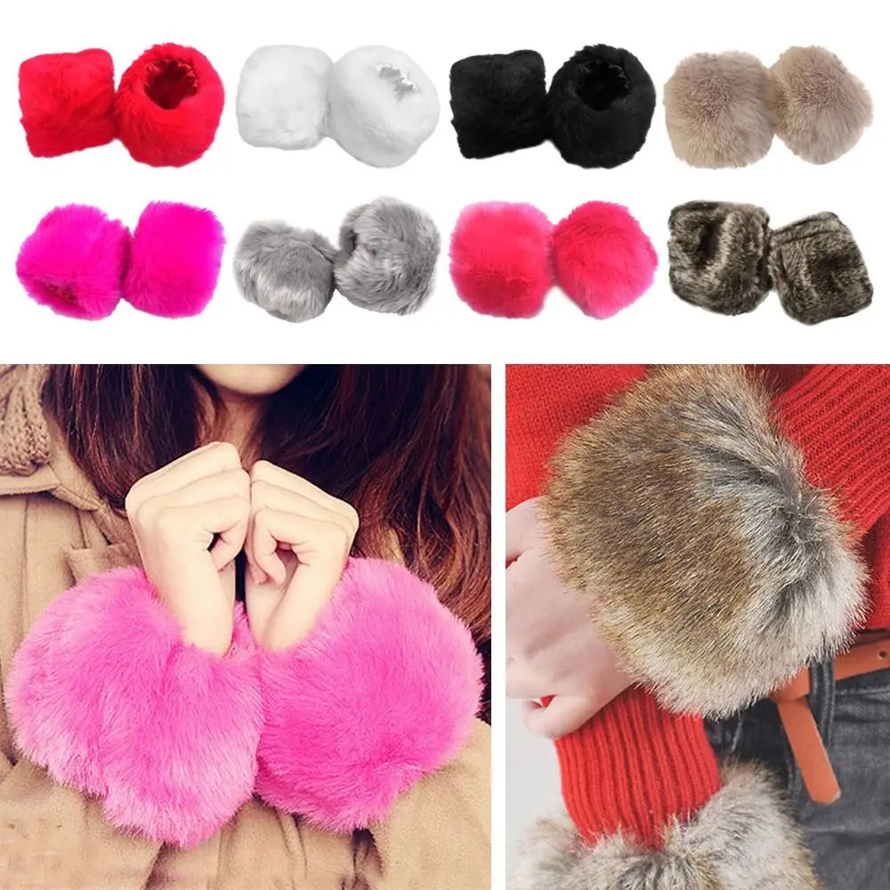 Women Fashion Winter Warm Faux Fur Elastic Wrist Slap On Cuffs Ladies Solid Color Arm Warmer Plush Wrist Protector Viralgem Store