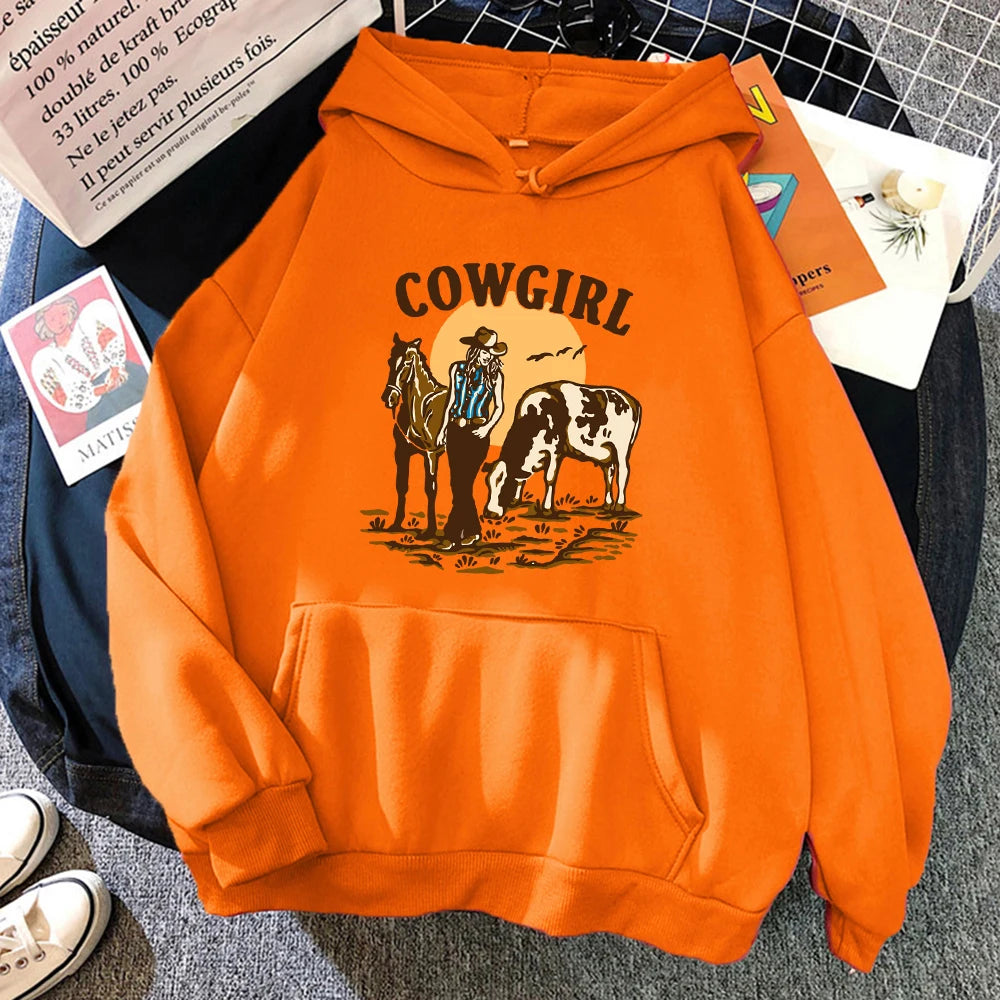 The Cowgirl And Her Cow And Horse Live In The West Hoody Woman Hip Hop Street Hoodies Crewneck Pocket Clothes Loose Pullover