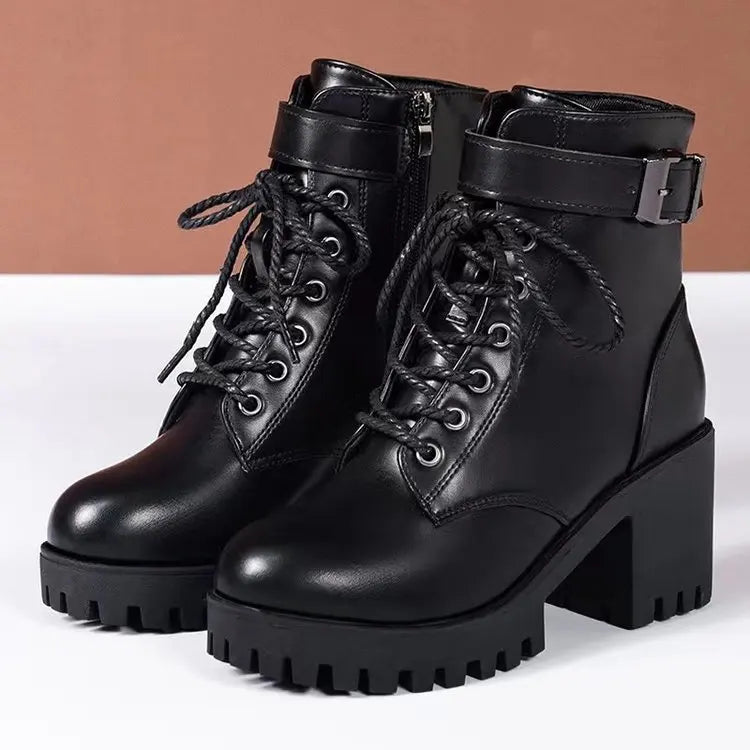Winter Women's Boots 2025 New Lace Up Boots for Womens Fashion Thick Heel Side Zipper Ankle Boots Warm Female Motorcycle Shoes Viralgem Store