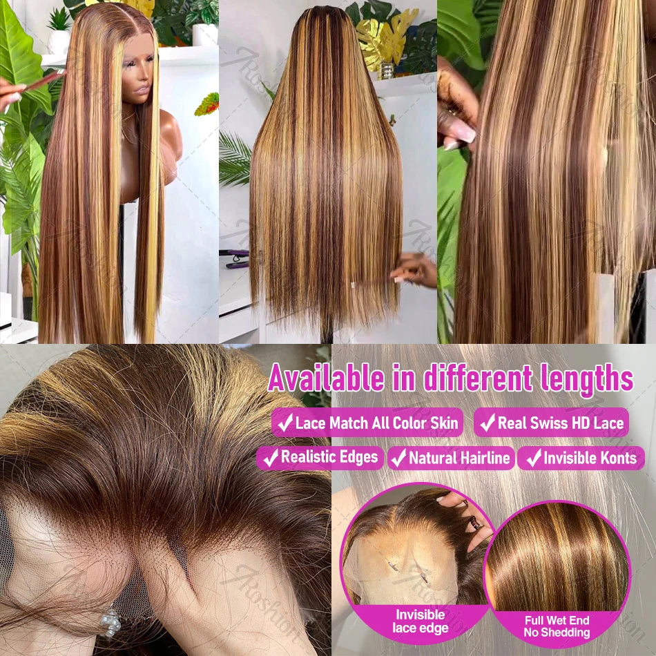 30 38 Inch Bone Straight Highlight Wigs Honey Brown13x6 HD Lace Front Wig Brazilian Ombre Color 13x4 Lace Frontal Wig Human Hair Viralgem Store