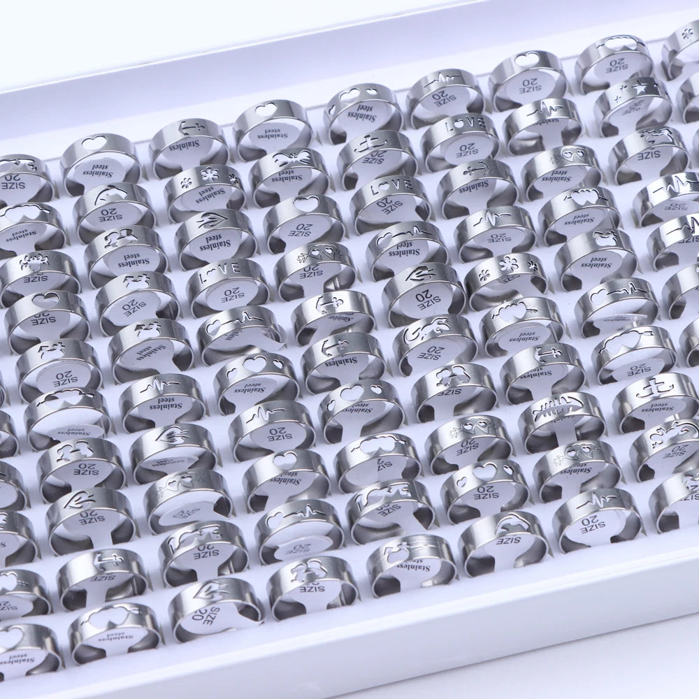 10/20/30/50Pcs Classic Fashion Stripe Hollow Colorful Sticker Stainless Steel Ring Trend Women Jewelry Party Decoration Gift