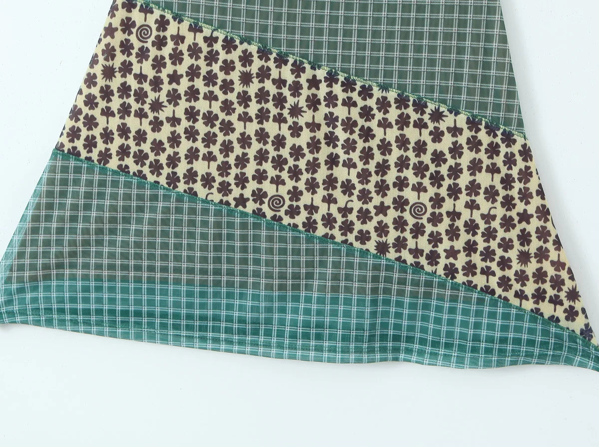 2024 Sexy Ruched Square Collar Contrast Color Plaid Flower Print Sleeveless Mini Mesh Dress Women Packages Hips A-line Tank Robe