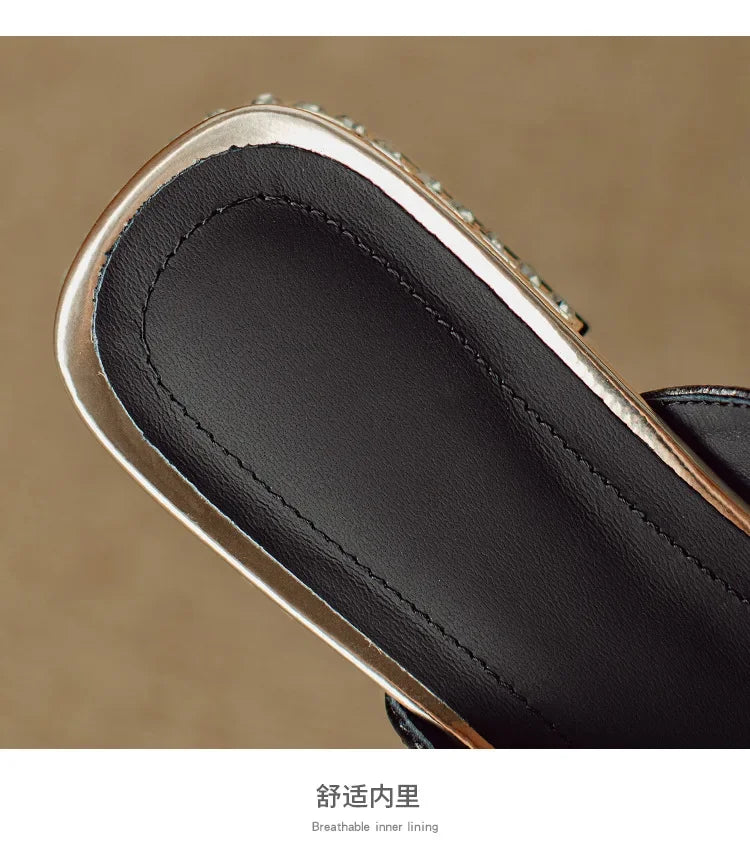 2024 Summer Elegant Sandals Women New Rhinestones Fashion Dress Half Slippers Baotou Women's Temperament Chinese Style Slippers