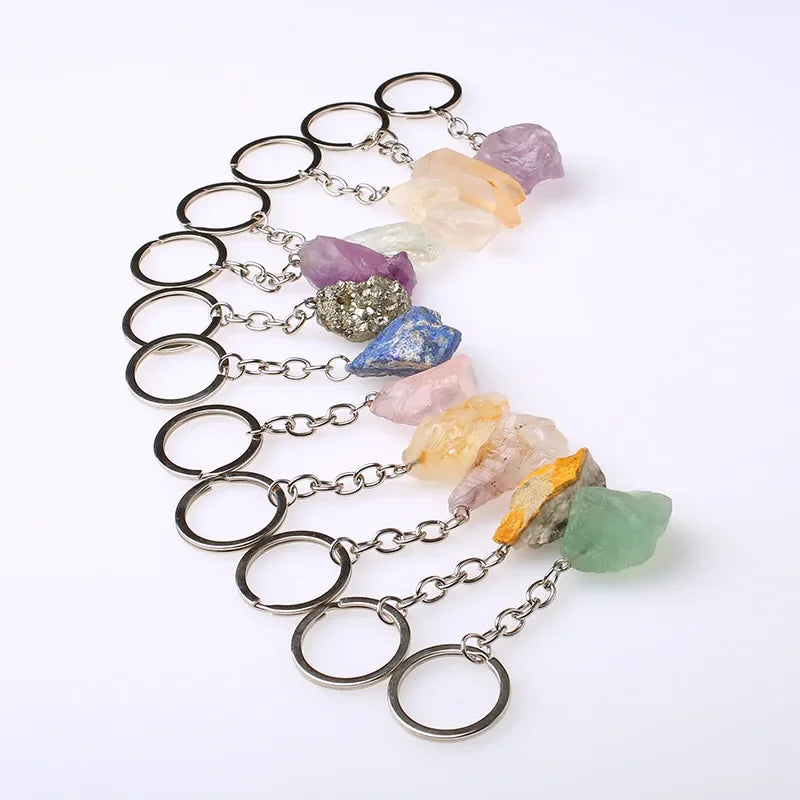 20pcs Natural Rough Raw Stone Crystal Quartzs Keychain Women Men Handbag Hangle Car Key Holder Raw Mineral Stone KeyRing Jewelry Viralgem Store
