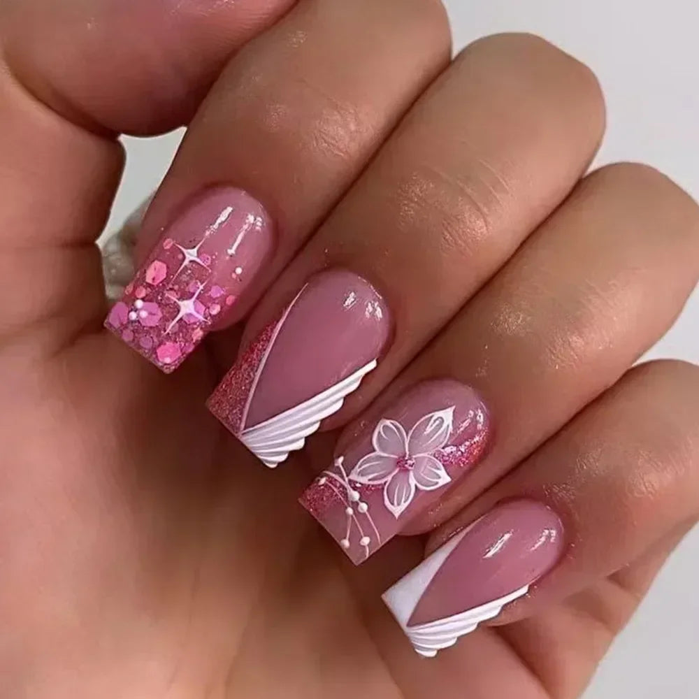 24Pcs Ladder-shaped Ballet False Nails with Glue Stripe Floral Nail Art Ombre French Press on Acrylic Nail Tips for Spice Girls