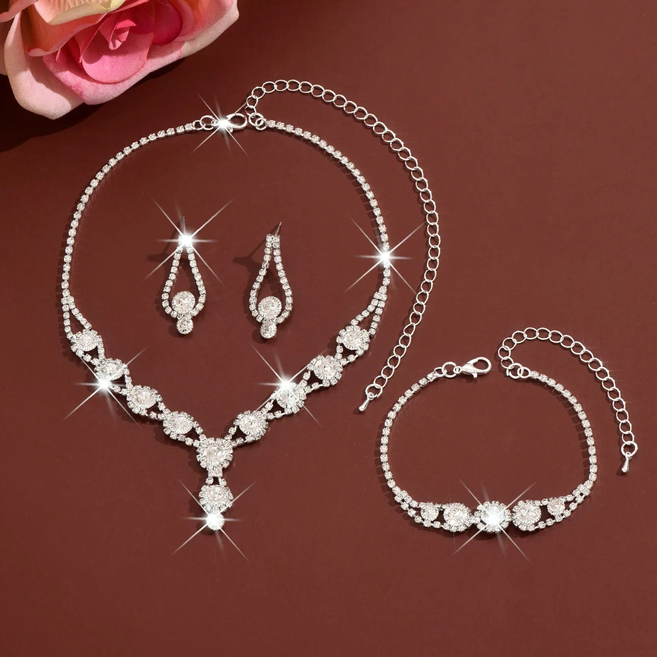 4PCS Fashion Elegant Crystal Jewelry Sets for Women Rhinestones Necklace Ring Earrings Bridal Wedding Party Jewelry Sets Viralgem Store