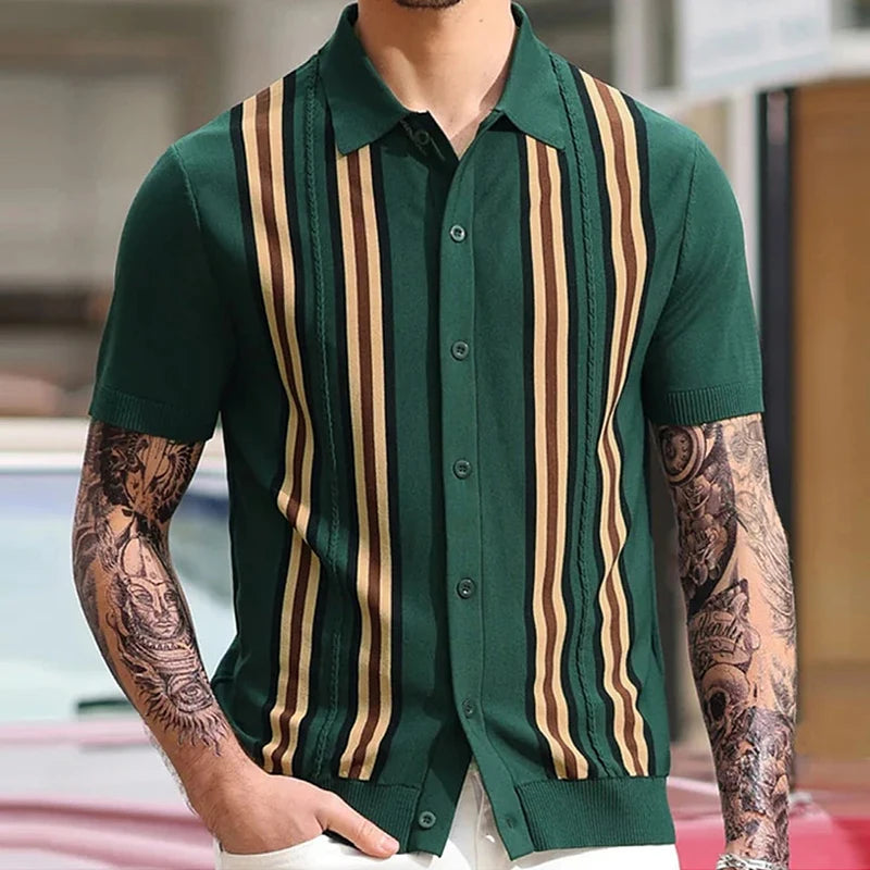 Summer Men's Luxury Knitted Striped Shirt Fashion Short Sleeve Button-down Shirts for Men Vintage Business Leisure Knitwear Viralgem Store