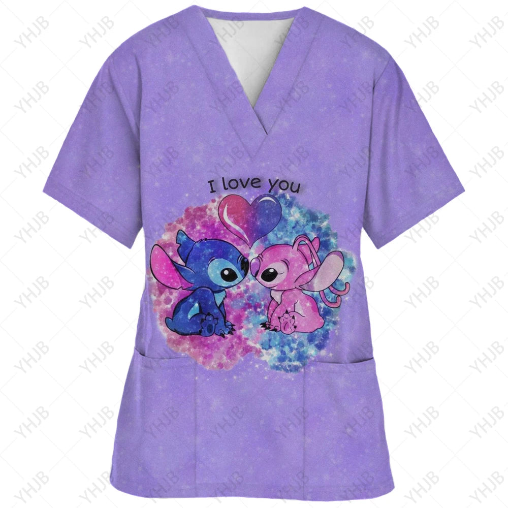 Top Women 2024 Minnie Mouse Tops Disney T Shirt Pocket T-shirts Hospital T-shirt Summer Nurse Uniform Woman Clothes Mickey Tees