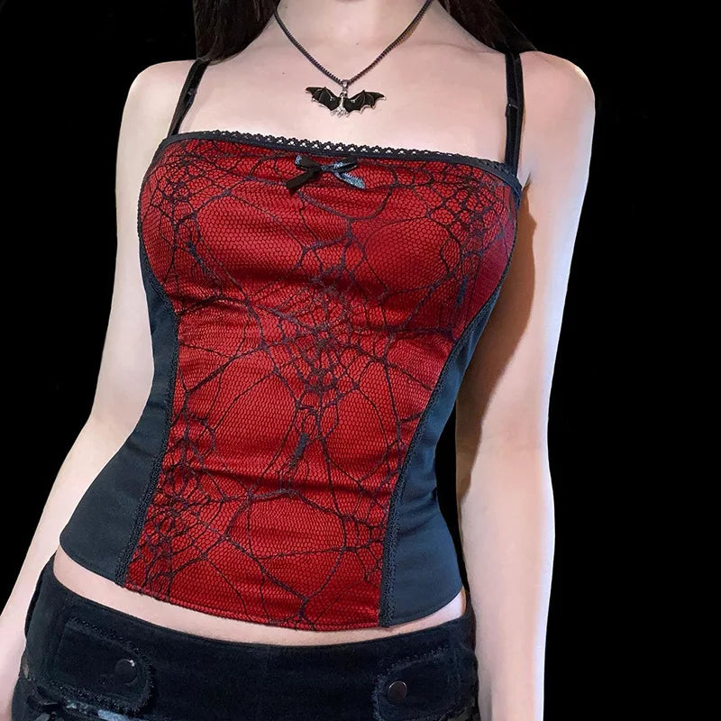 2024 Vintage Gothic Cami Tops Women Mesh Spider Net Lace Tank Vest Female Summer Sexy Club Crop Tops Harajuku 2000s clothes