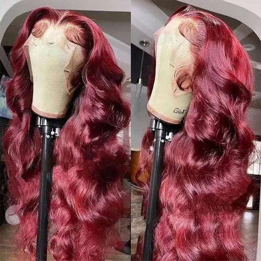 99j burgundy 13x6 Lace Front Human Hair 200 Density Body Wave 13x4 30 36 Inch Red Colored Lace Frontal Wigs Brazilian For Women