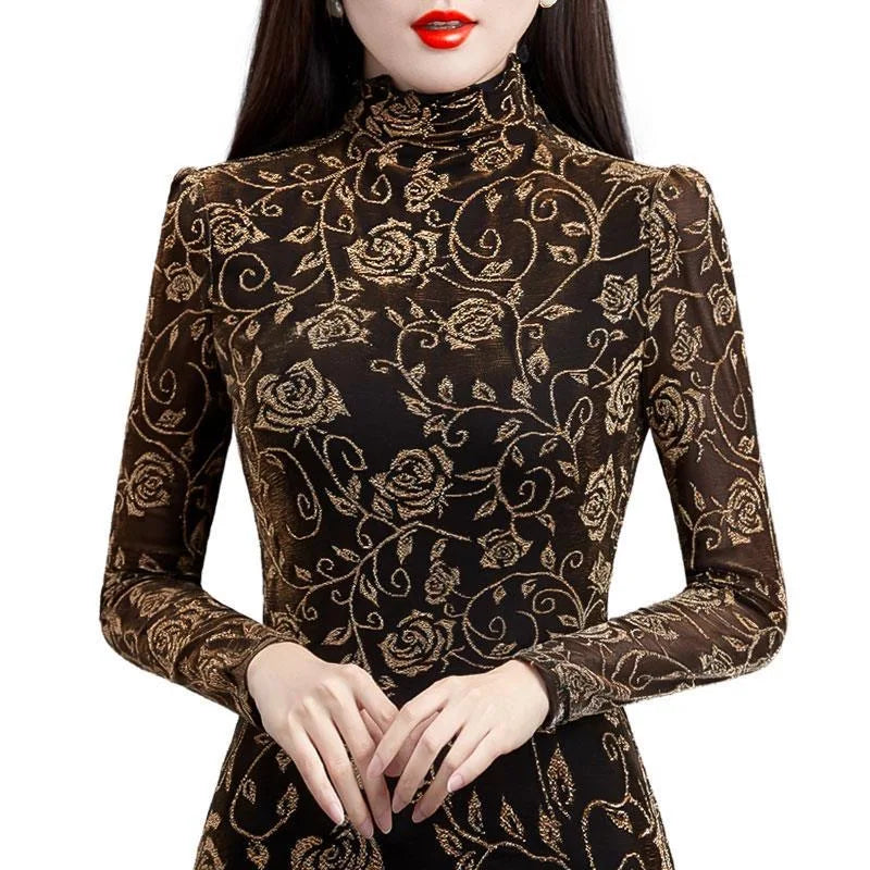 Women's Winter Autumn Style Blouse Shirt Women's Printed Turtleneck Long Sleeve Slim Elegant Tops SP1192