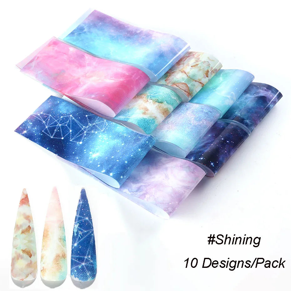 10Pcs Hologram Transfer Foil Nails Laser Stars Holographic Nail Stickers Mermaid Tail Sliders Metallic Gel Polish Wraps NLXKY01