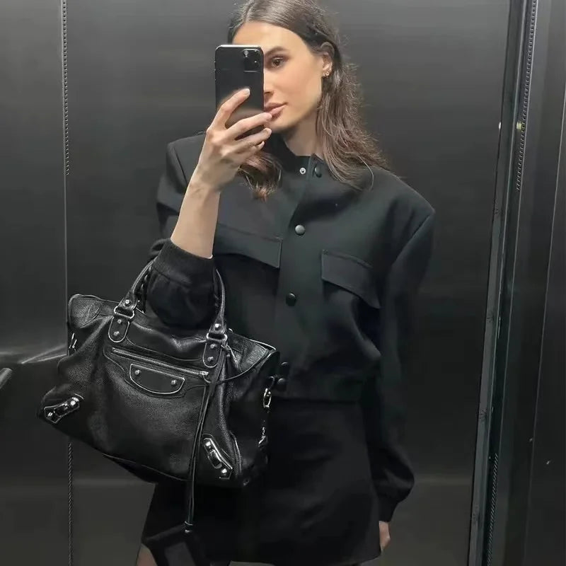 2024 Woman Bomber Jacket Coat White Autumn Winter Button Baseball Aviator Cropped Jackets For Women Long Sleeve Crop Outerwear