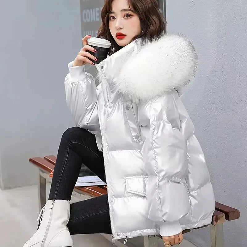 2025 Winter Fashion New Warm Duck Down Jacket Women's Clothes Glossy Fur collar Thicken Parka Short Down Coat Female Trend Viralgem Store