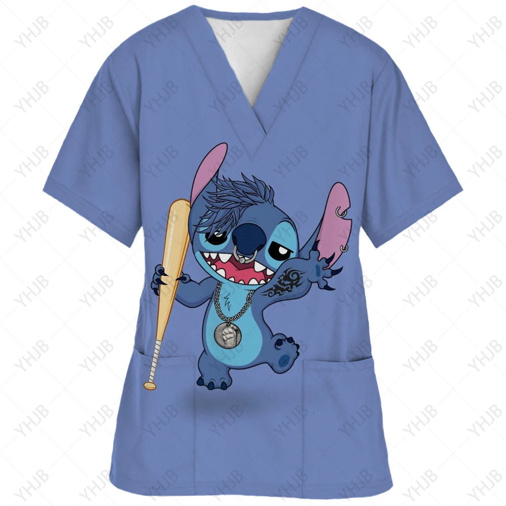 Top Women 2024 Minnie Mouse Tops Disney T Shirt Pocket T-shirts Hospital T-shirt Summer Nurse Uniform Woman Clothes Mickey Tees