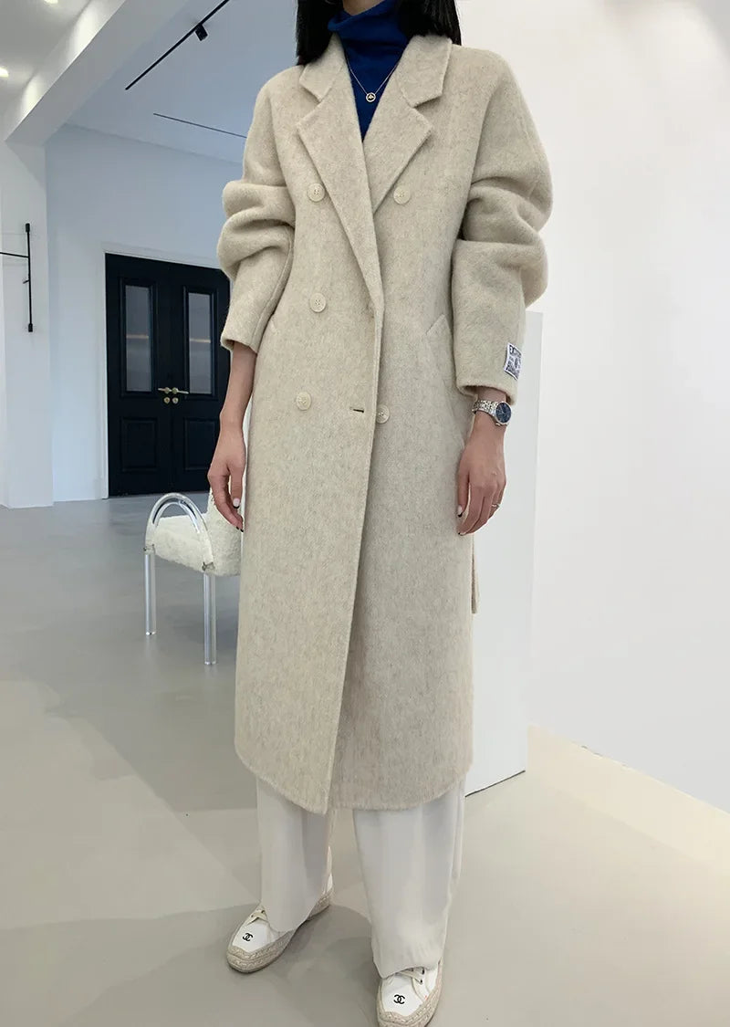 2024 Autumn Winter Wool Coat Women Double-breasted Solid Color Women's Double-sided Woolen Belt Coats Loose Warm Wool Jacket