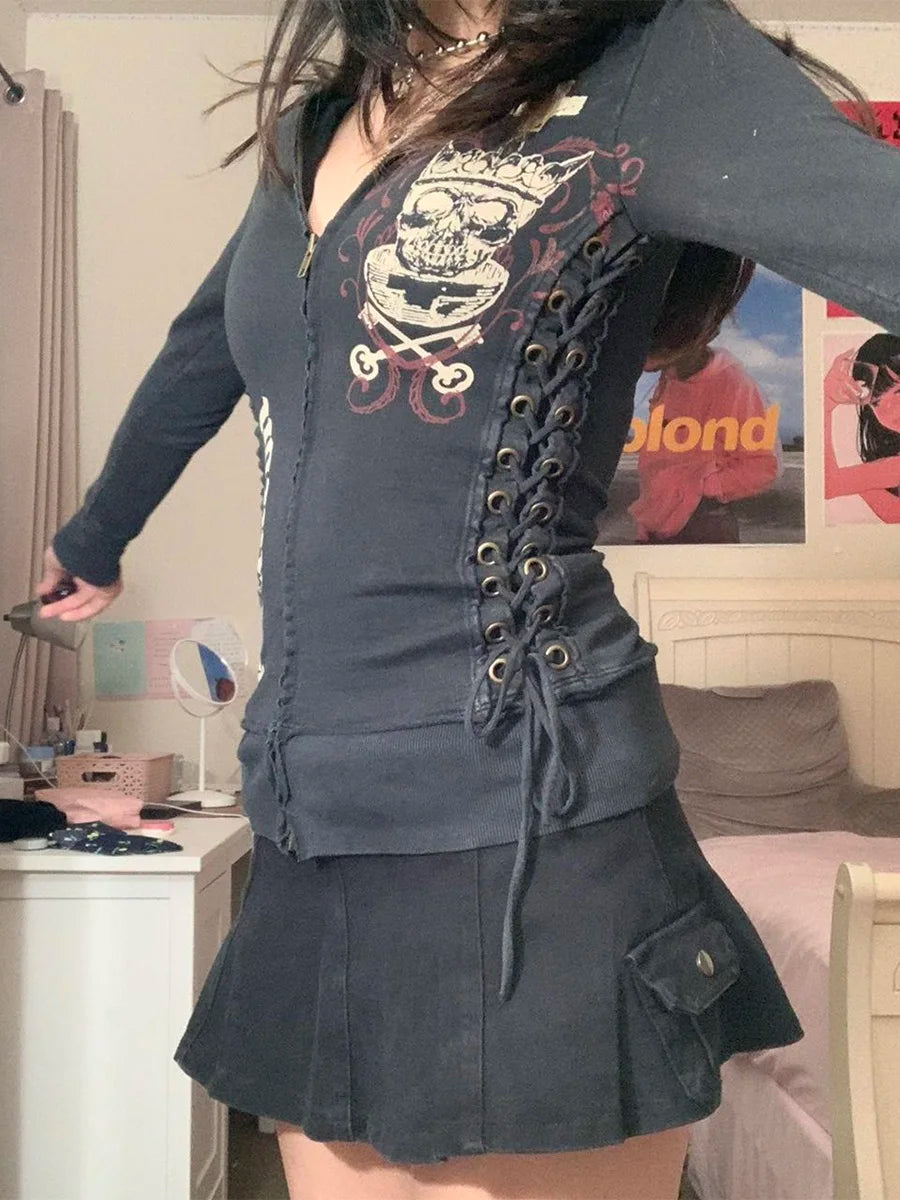 Women Fashion Skull and Letter Print Hoodies y2k Side Tie Up Coats Casual Long Sleeve Zip Up Hoodies Black Basic Slim Sweatshirt