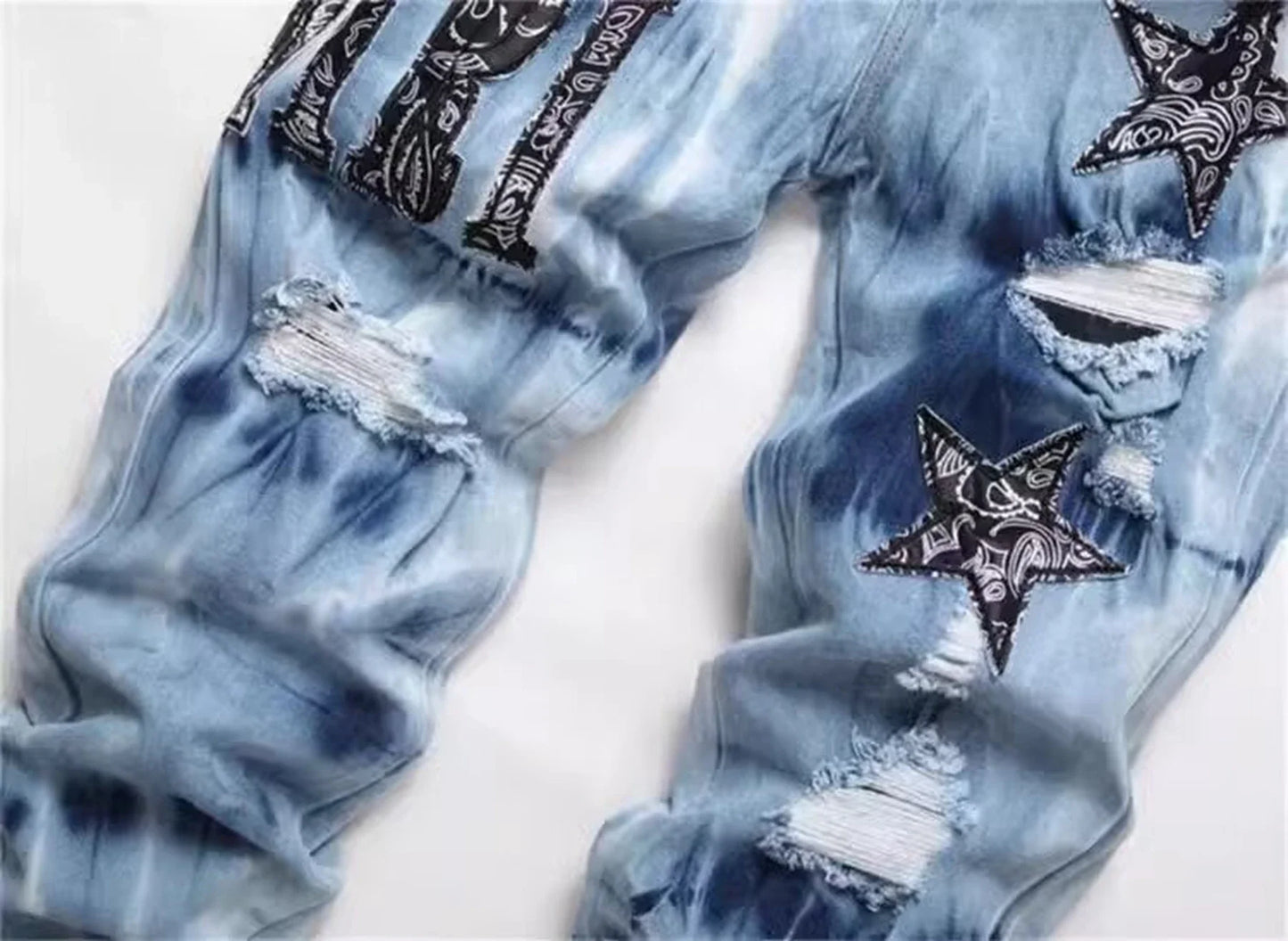Y2K Star Embroidery Broken Hole Jeans Tie Dyed  Light Blue Cotton Stretch Streetwear Fashion Brand Men's Skinny Denim Pants